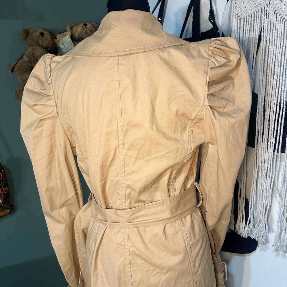 Avec Les Filles Belted Cotton Trench Coat XS Beige Puff Sleeve Double Breasted - Picture 4 of 8